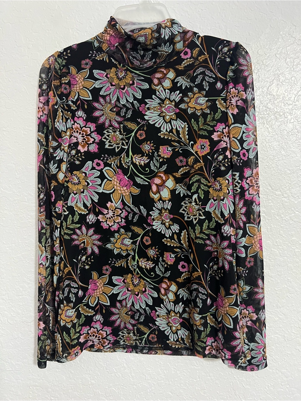 JANE +DELANCEY Top Womens Small Multi Floral Mesh Sheer Lined Turtle Neck #639